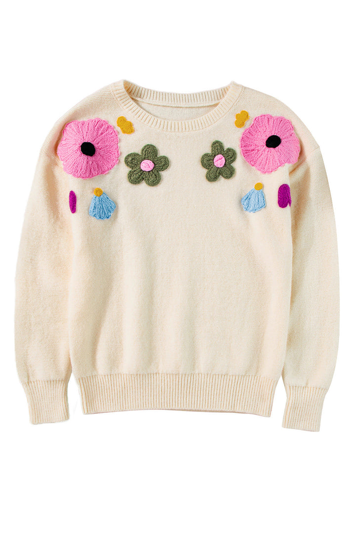 Anne - Strickpullover mit Blumenmuster und gerippten Kanten