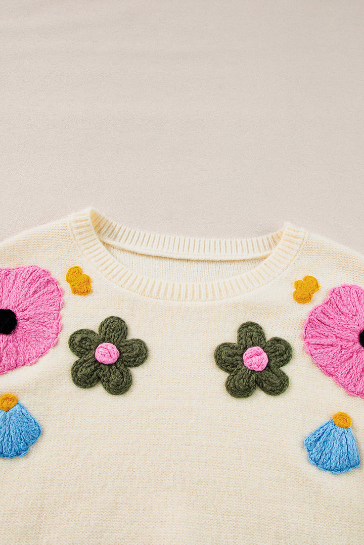 Anne - Strickpullover mit Blumenmuster und gerippten Kanten