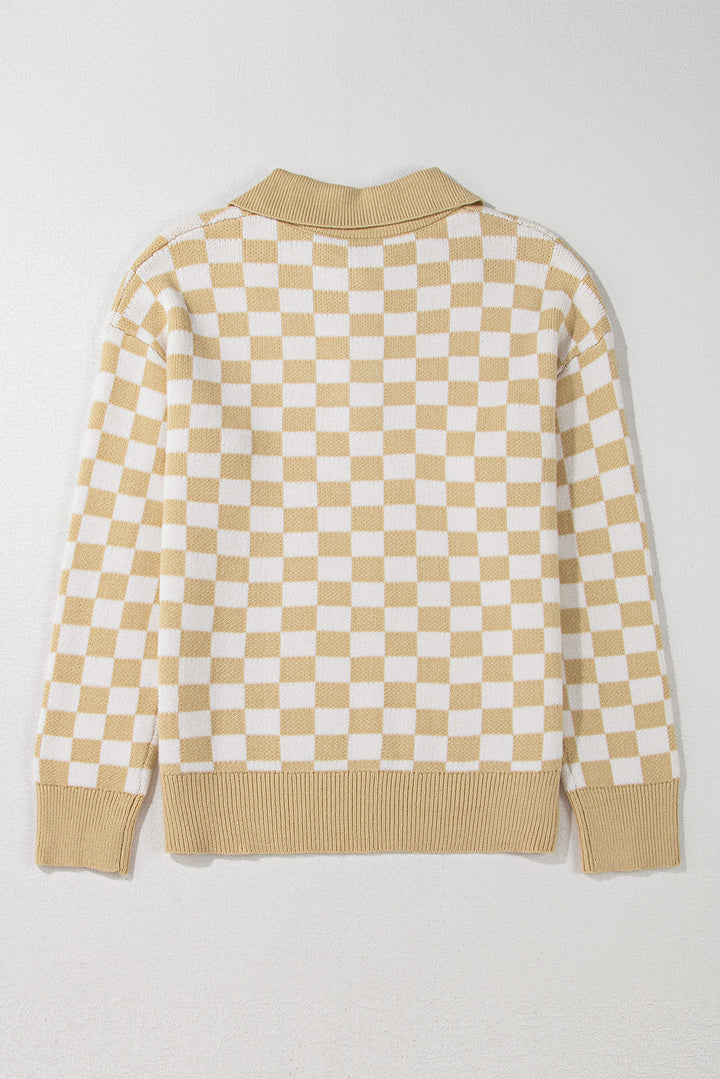 Aude - Karierter V-Ausschnitt Pullover mit Knöpfen und hängenden Schultern