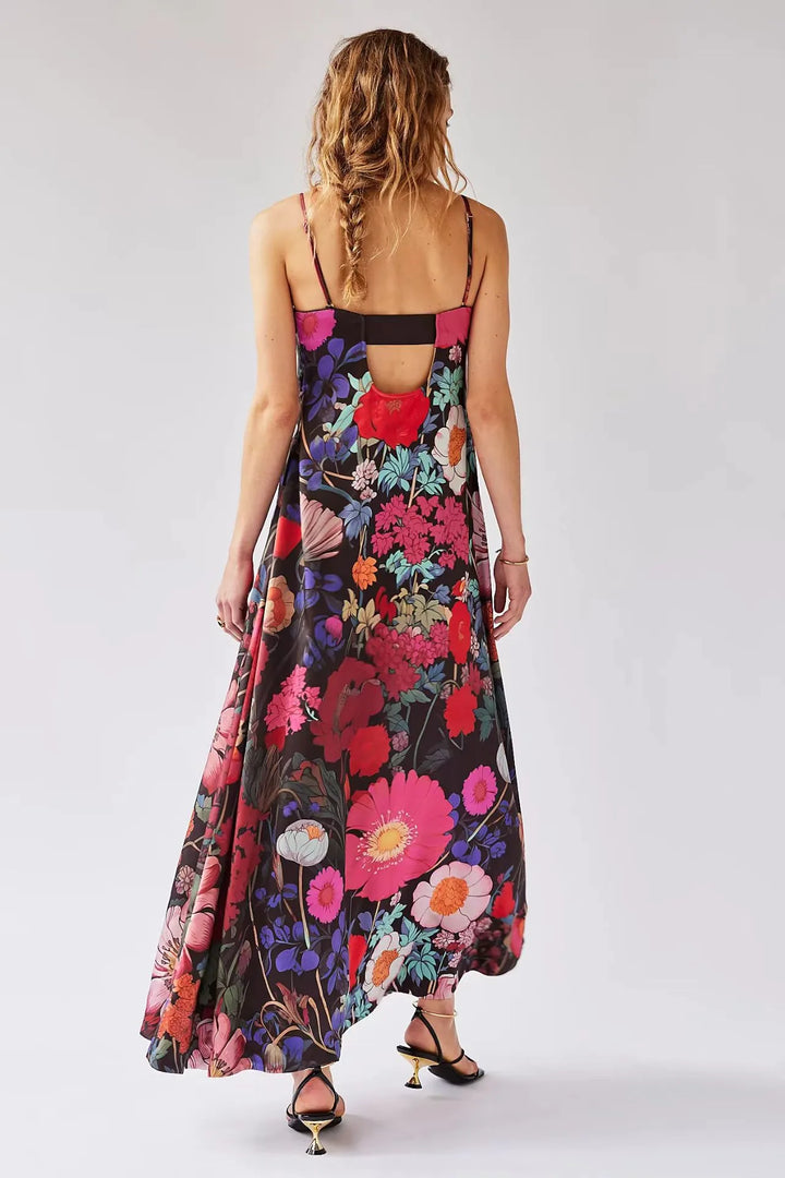 Langes Kleid mit Blumendruck, hohe Taille, A-Linien-Schnitt - Althea