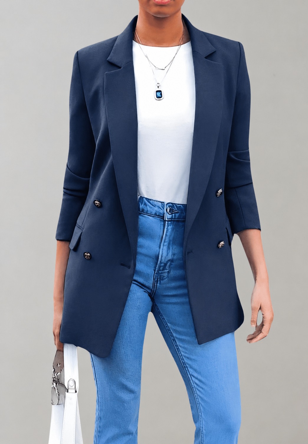 Langer Damenblazer mit doppelter Knopfleiste und Revers – Greta