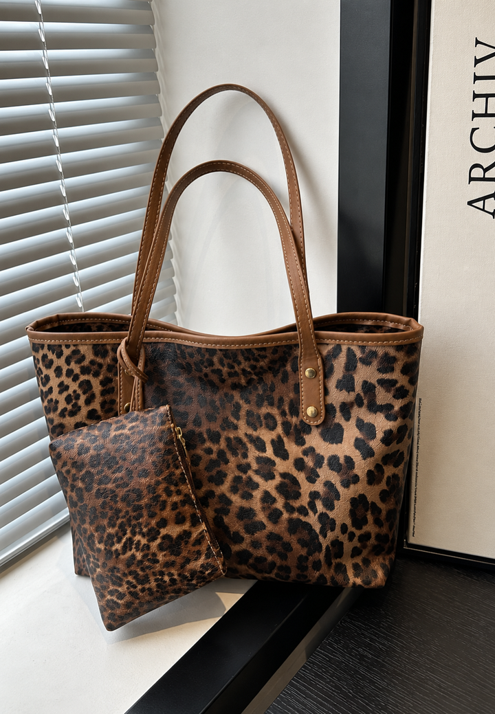 Damen-Shopper-Tasche mit Leopardenmuster und langen Henkeln