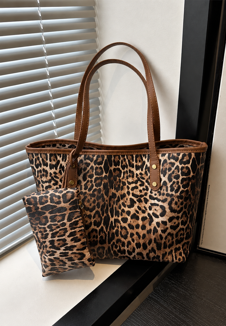 Damen-Shopper-Tasche mit Leopardenmuster und langen Henkeln