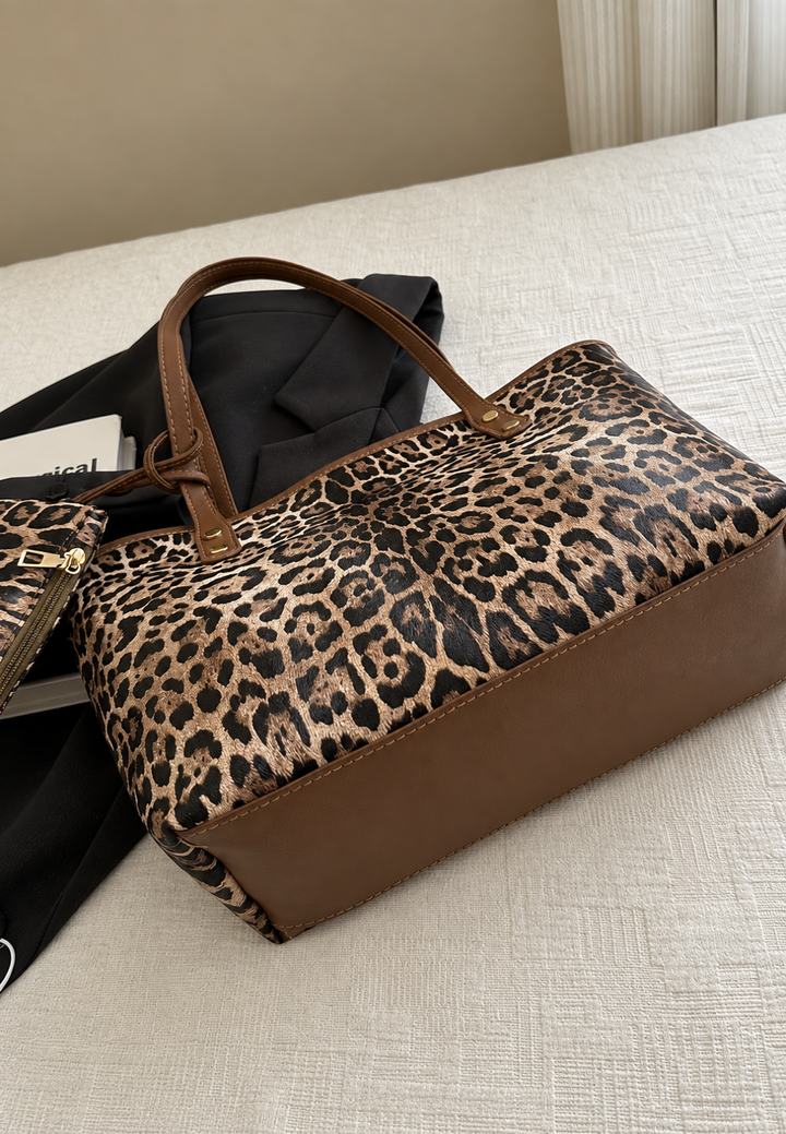 Damen-Shopper-Tasche mit Leopardenmuster und langen Henkeln
