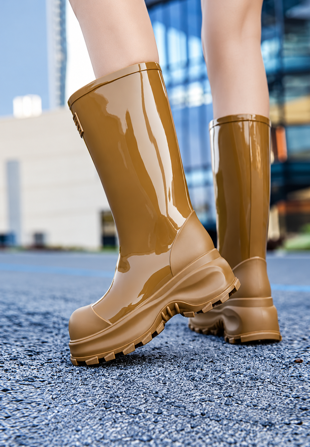 Gummistiefel mit mittelhohem Schaft, glänzender Oberfläche, Plateau und Profilsohle - Elvaira