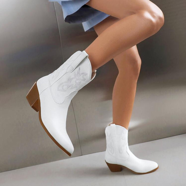 Cowboystiefel für Damen, mittelhoch, bestickt, mit breitem Absatz – Helga