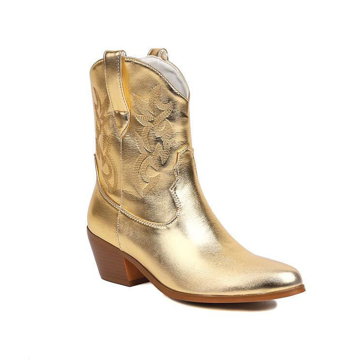 Cowboystiefel für Damen, mittelhoch, bestickt, mit breitem Absatz – Helga