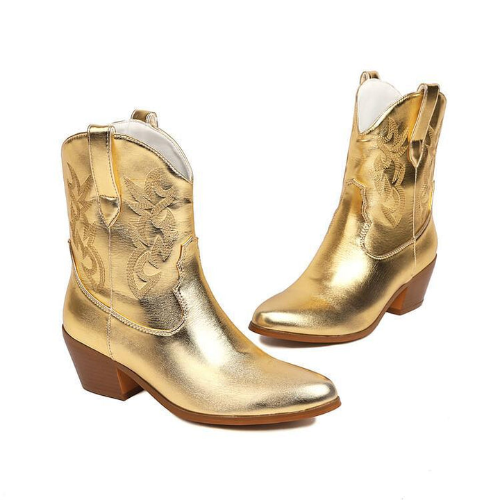 Cowboystiefel für Damen, mittelhoch, bestickt, mit breitem Absatz – Helga
