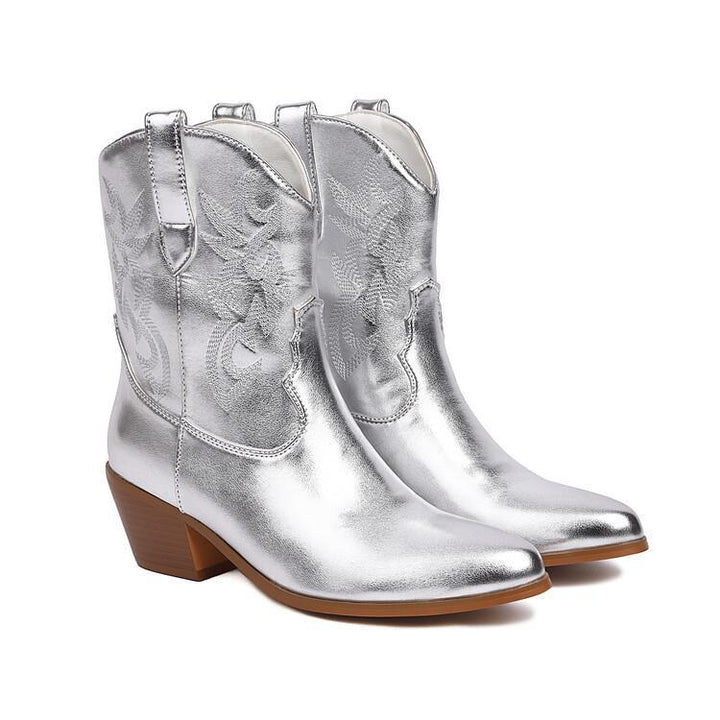 Cowboystiefel für Damen, mittelhoch, bestickt, mit breitem Absatz – Helga