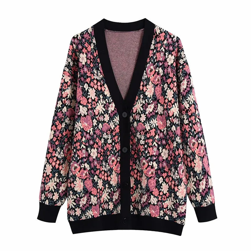 Gestrickte Damen-Strickjacke mit Blumenmuster und Knöpfen - Emilia