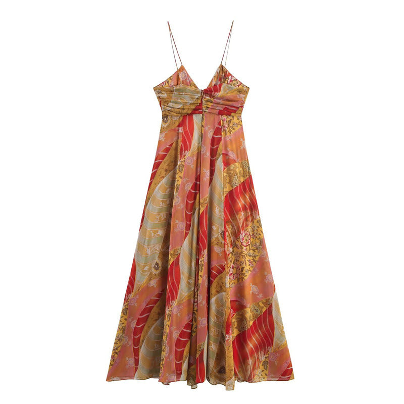 Langes Damenkleid mit dünnen Trägern und V-Ausschnitt - Ragnhild