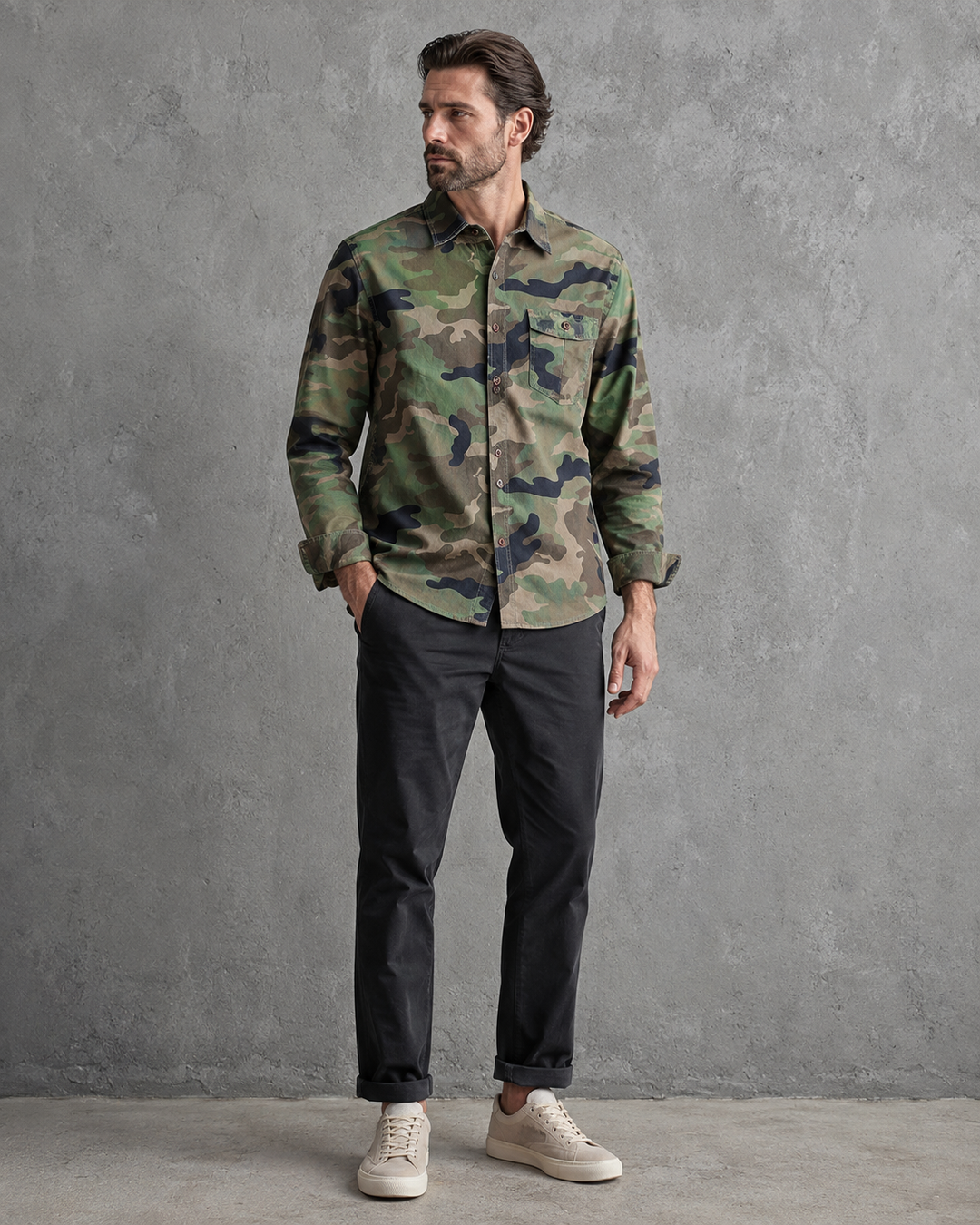 Herrenhemd im Camouflage-Look mit langen Ärmeln und Brusttasche – Orsen