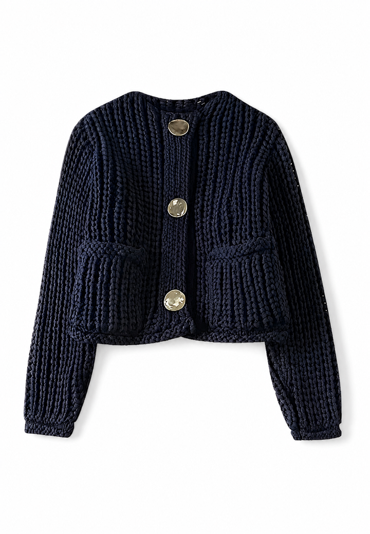 Kurzer Strickcardigan mit goldenen Knöpfen und Taschen – Moretta