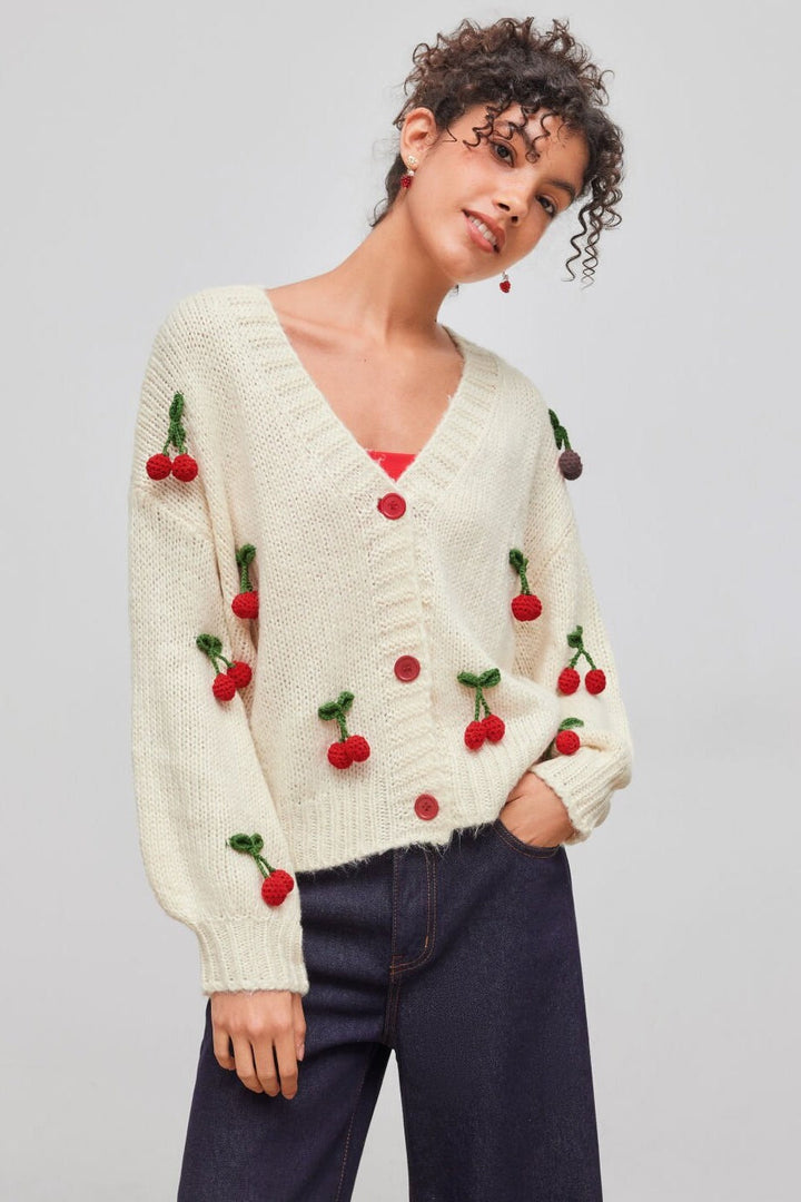 Lockerer Strickcardigan mit V-Ausschnitt und Kirschapplikationen – Frieda
