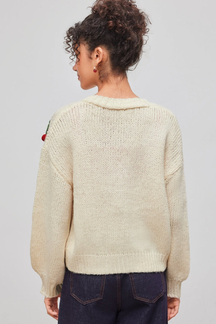 Lockerer Strickcardigan mit V-Ausschnitt und Kirschapplikationen – Frieda