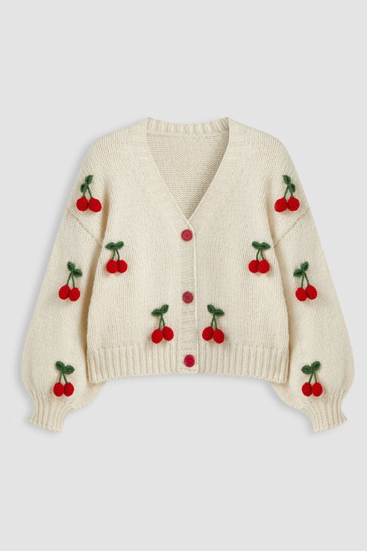 Lockerer Strickcardigan mit V-Ausschnitt und Kirschapplikationen – Frieda