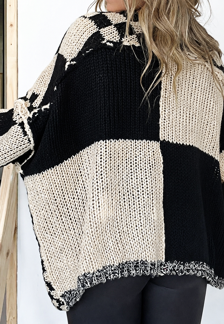 Gestrickte Damen-Strickjacke mit Karo-Muster, langen Ärmeln und offenem Schnitt – Bruna