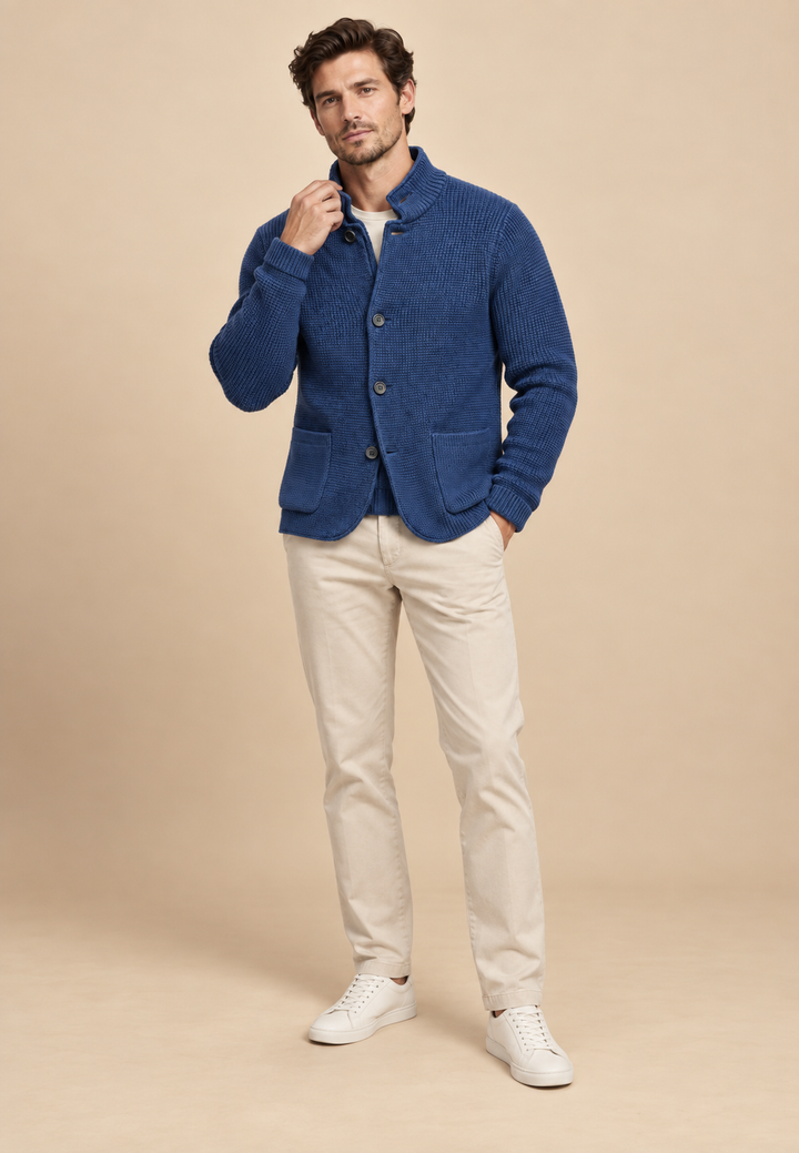 Herren-Strickjacke mit Knöpfen, Perkins-Kragen, strukturiertem Strickmuster und Taschen – Cedric