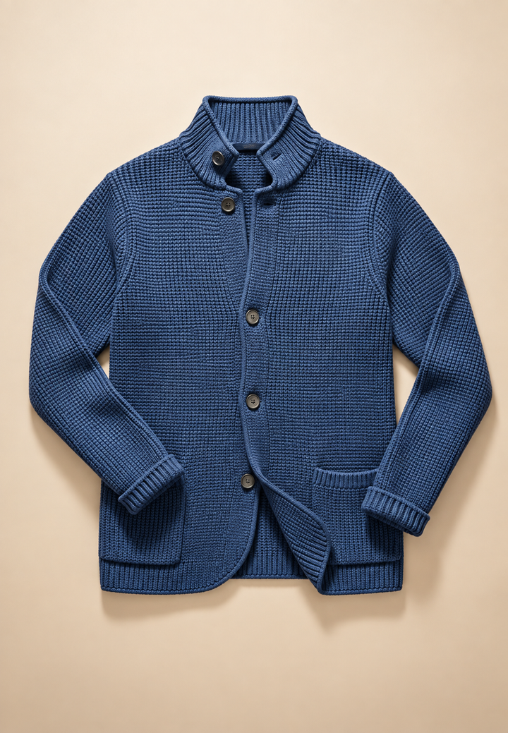 Herren-Strickjacke mit Knöpfen, Perkins-Kragen, strukturiertem Strickmuster und Taschen – Cedric