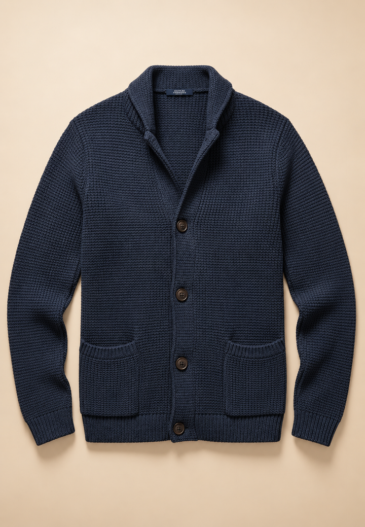 Herren-Strickjacke mit Knöpfen, Perkins-Kragen, strukturiertem Strickmuster und Taschen – Cedric