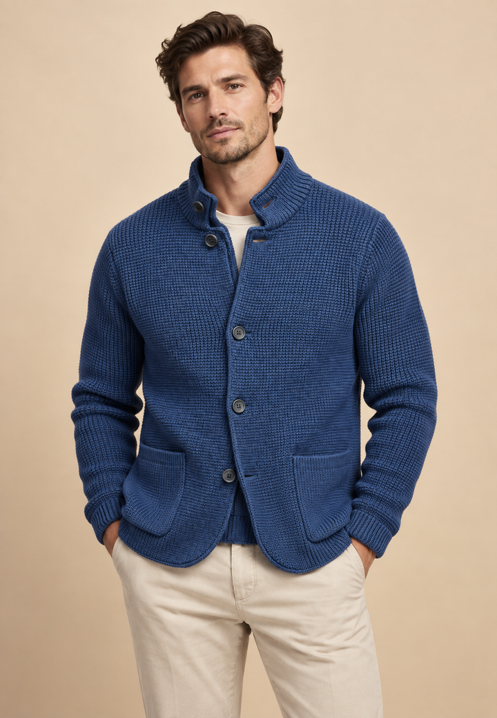 Herren-Strickjacke mit Knöpfen, Perkins-Kragen, strukturiertem Strickmuster und Taschen – Cedric