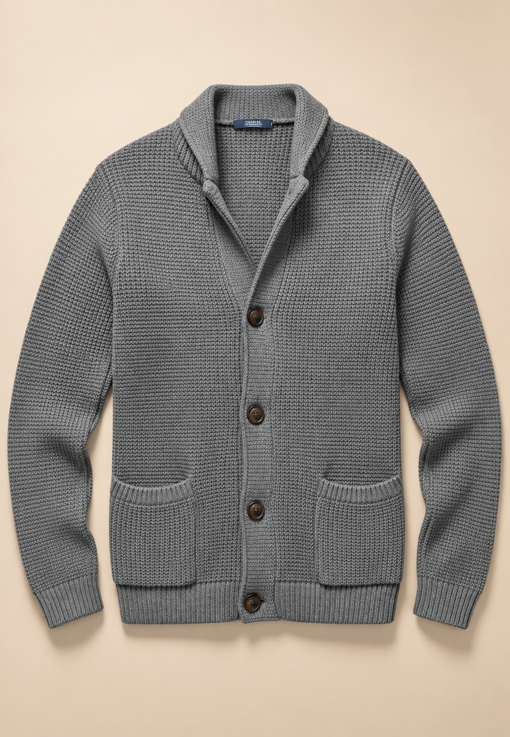 Herren-Strickjacke mit Knöpfen, Perkins-Kragen, strukturiertem Strickmuster und Taschen – Cedric