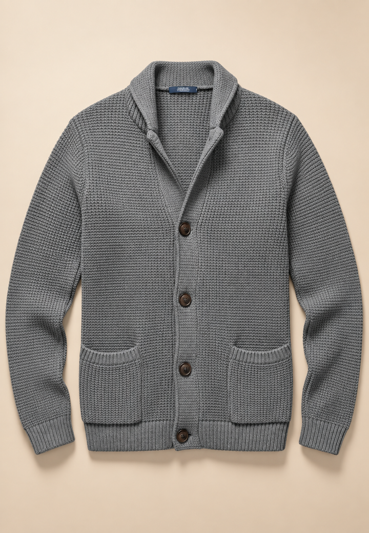 Herren-Strickjacke mit Knöpfen, Perkins-Kragen, strukturiertem Strickmuster und Taschen – Cedric
