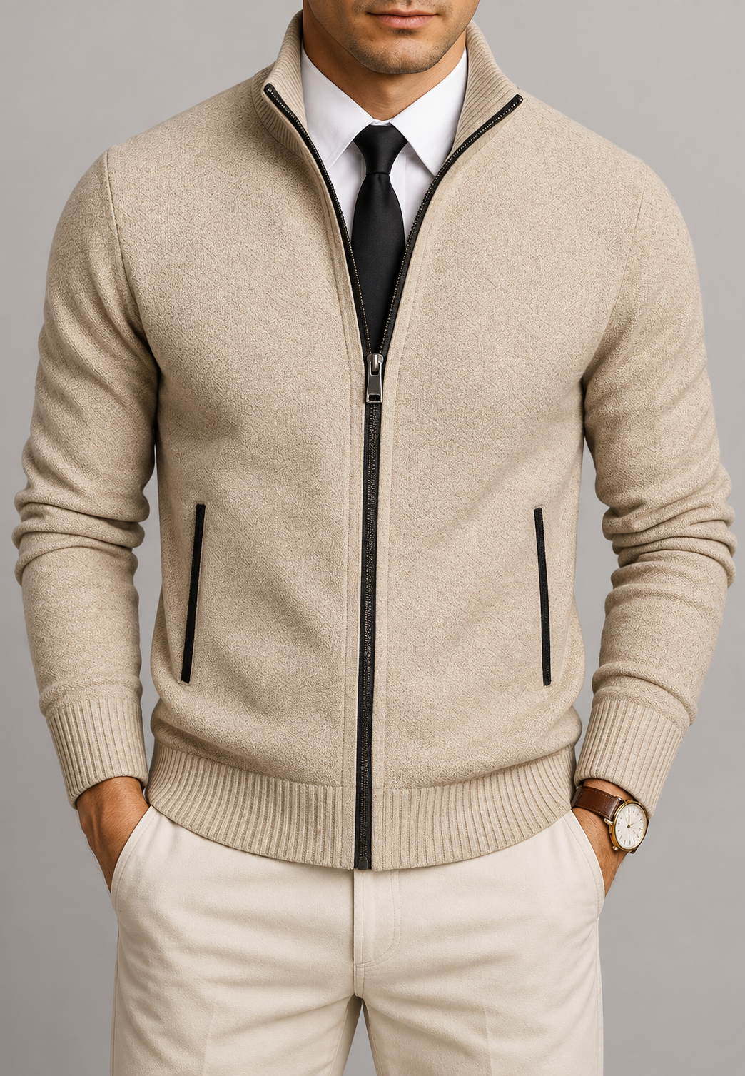 Herren-Strickjacke mit durchgehendem Reißverschluss, hohem Kragen und strukturiertem Strickmuster – Dorian