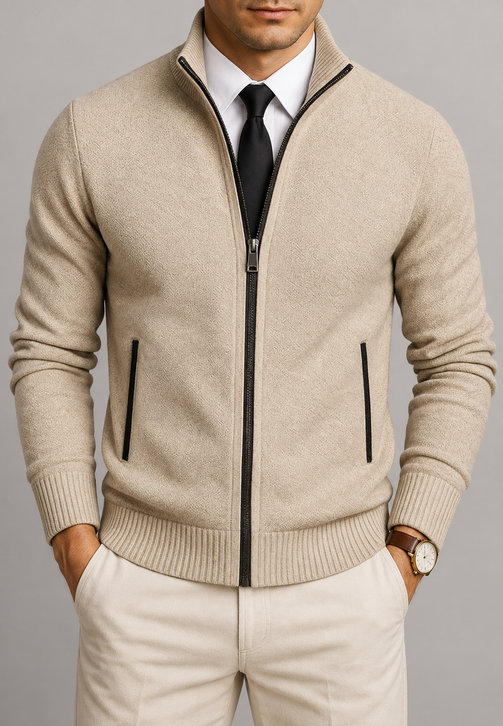 Herren-Strickjacke mit durchgehendem Reißverschluss, hohem Kragen und strukturiertem Strickmuster – Dorian