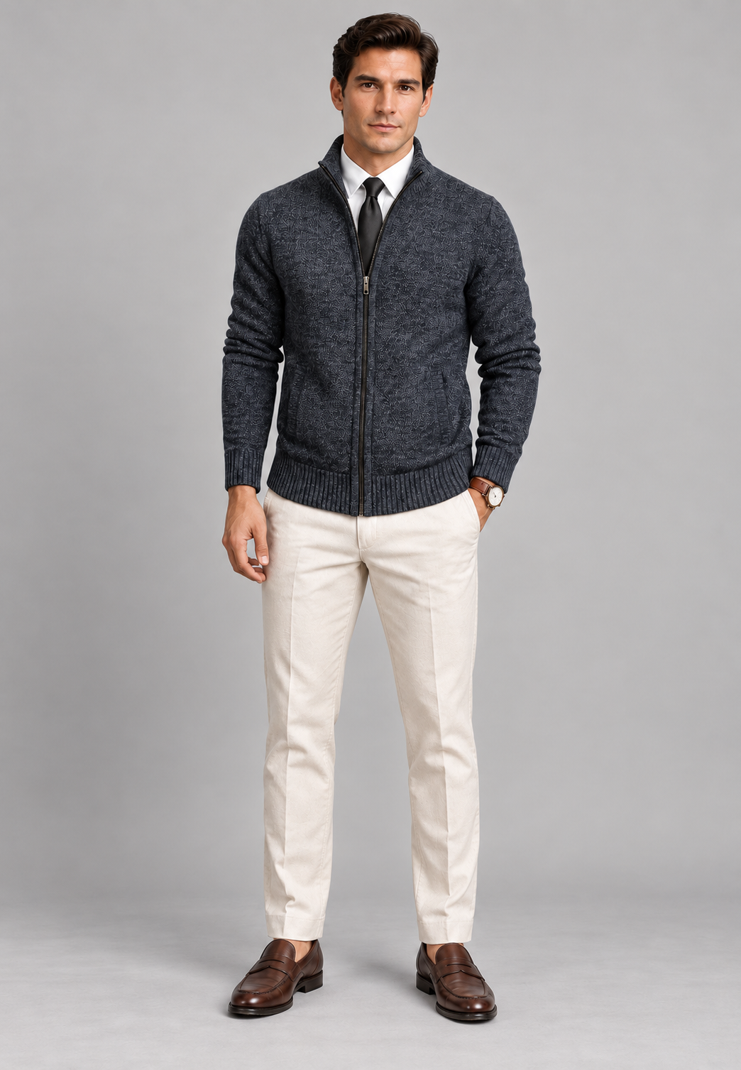 Herren-Strickjacke mit durchgehendem Reißverschluss, hohem Kragen und strukturiertem Strickmuster – Dorian