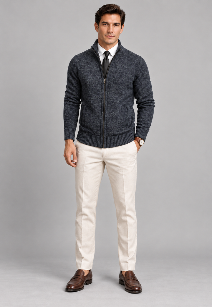Herren-Strickjacke mit durchgehendem Reißverschluss, hohem Kragen und strukturiertem Strickmuster – Dorian