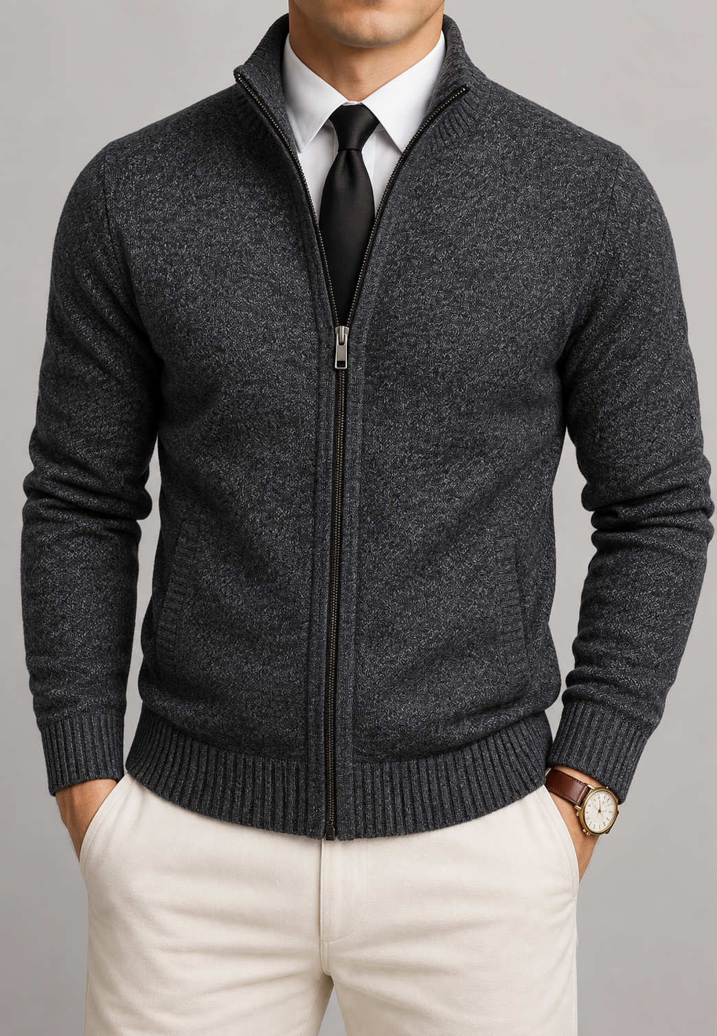 Herren-Strickjacke mit durchgehendem Reißverschluss, hohem Kragen und strukturiertem Strickmuster – Dorian