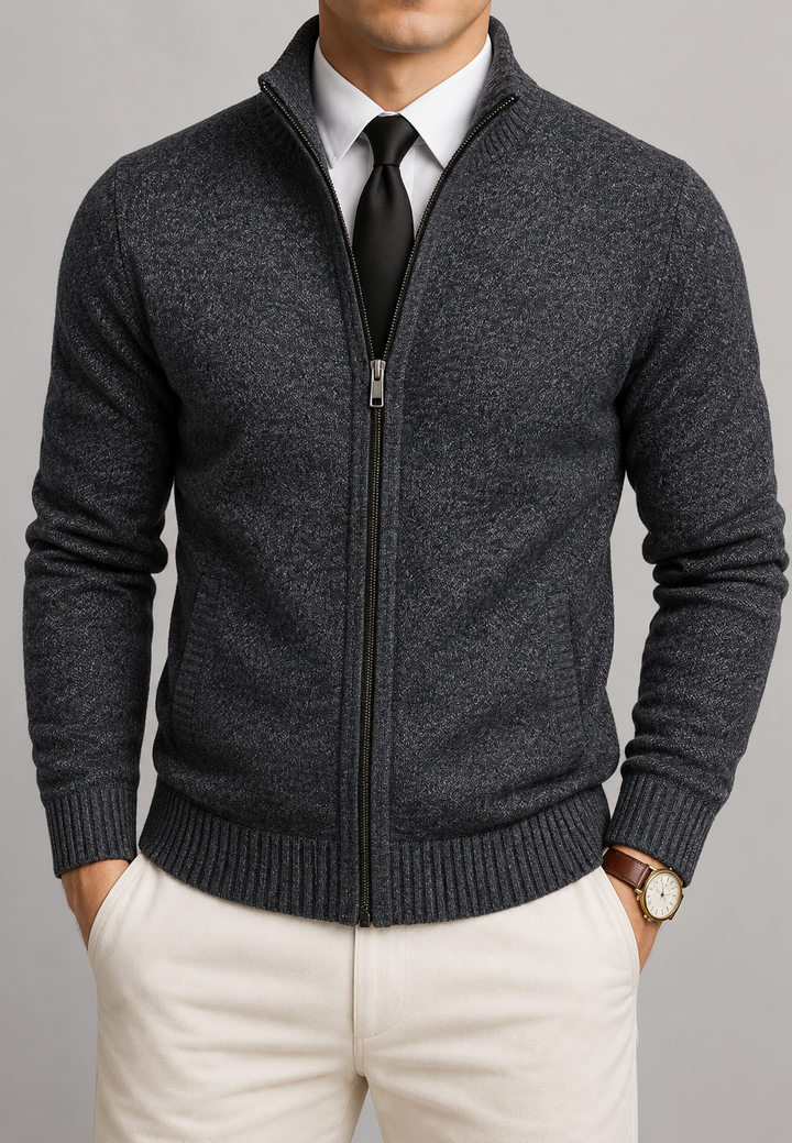 Herren-Strickjacke mit durchgehendem Reißverschluss, hohem Kragen und strukturiertem Strickmuster – Dorian