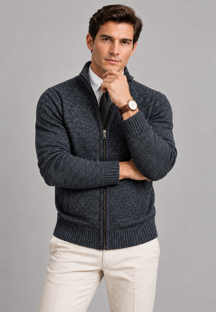 Herren-Strickjacke mit durchgehendem Reißverschluss, hohem Kragen und strukturiertem Strickmuster – Dorian