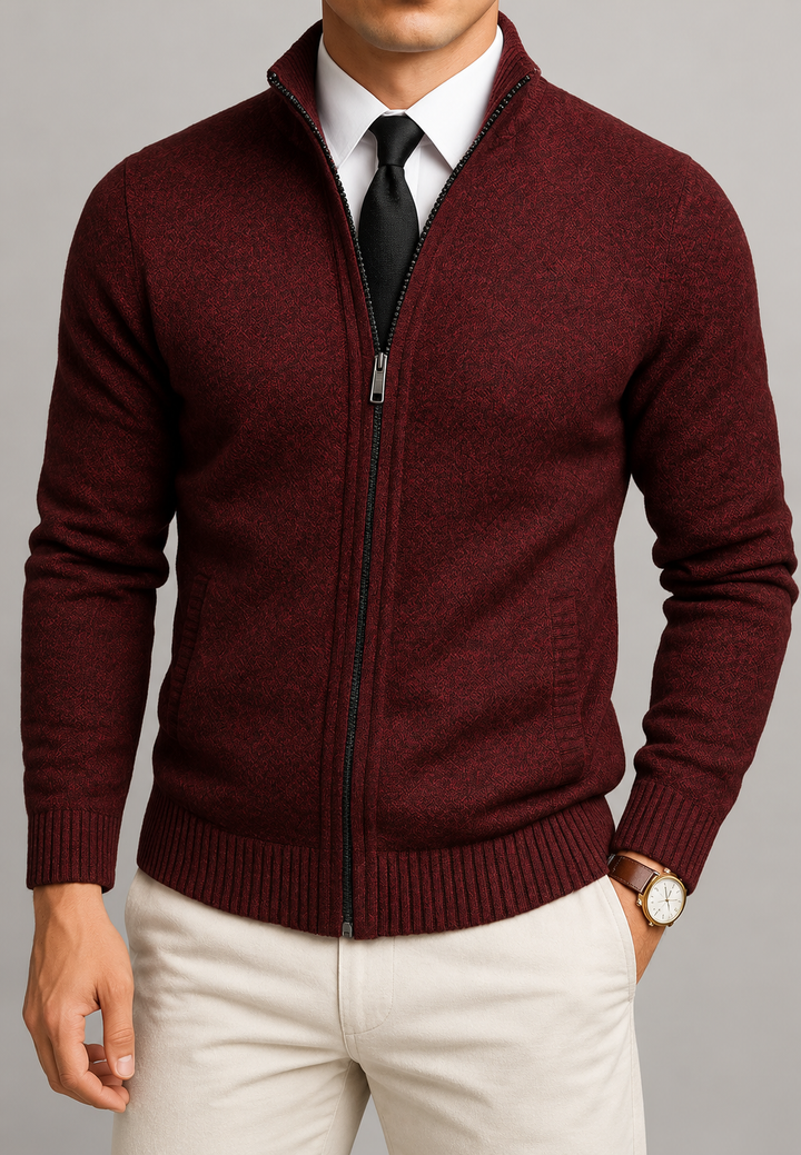 Herren-Strickjacke mit durchgehendem Reißverschluss, hohem Kragen und strukturiertem Strickmuster – Dorian