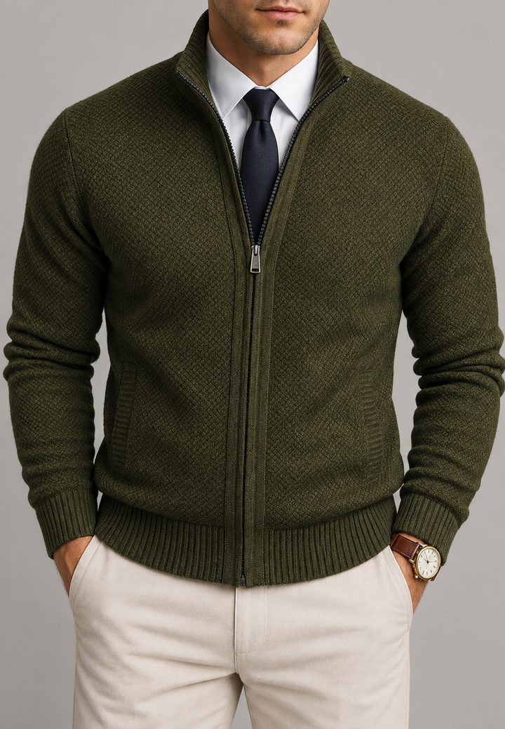 Herren-Strickjacke mit durchgehendem Reißverschluss, hohem Kragen und strukturiertem Strickmuster – Dorian