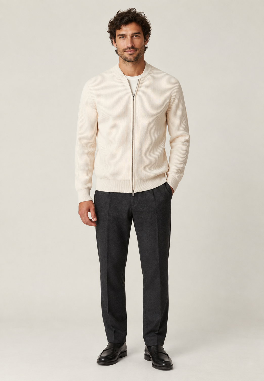 Herren-Strickjacke mit durchgehendem Reißverschluss, Rippstrick und Rundhalsausschnitt – Sorrento
