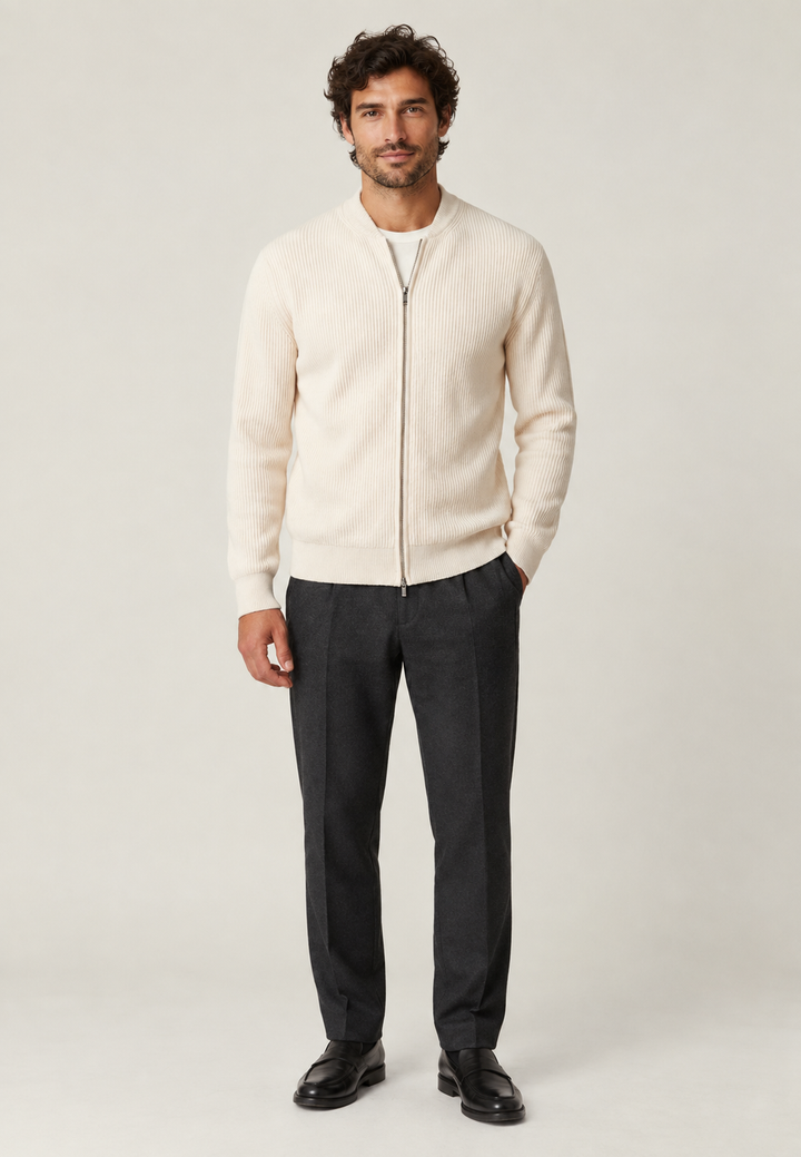 Herren-Strickjacke mit durchgehendem Reißverschluss, Rippstrick und Rundhalsausschnitt – Sorrento