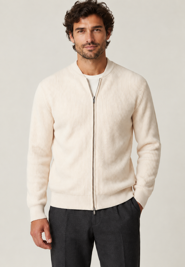 Herren-Strickjacke mit durchgehendem Reißverschluss, Rippstrick und Rundhalsausschnitt – Sorrento