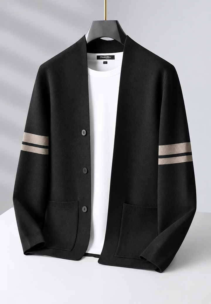 Herren-Strickjacke mit V-Ausschnitt, gestreiften Ärmeln und Knöpfen – Lennart