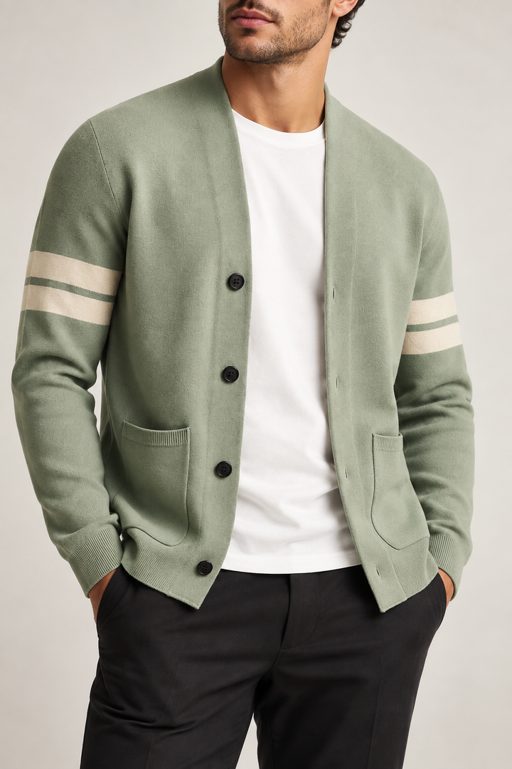 Herren-Strickjacke mit V-Ausschnitt, gestreiften Ärmeln und Knöpfen – Lennart