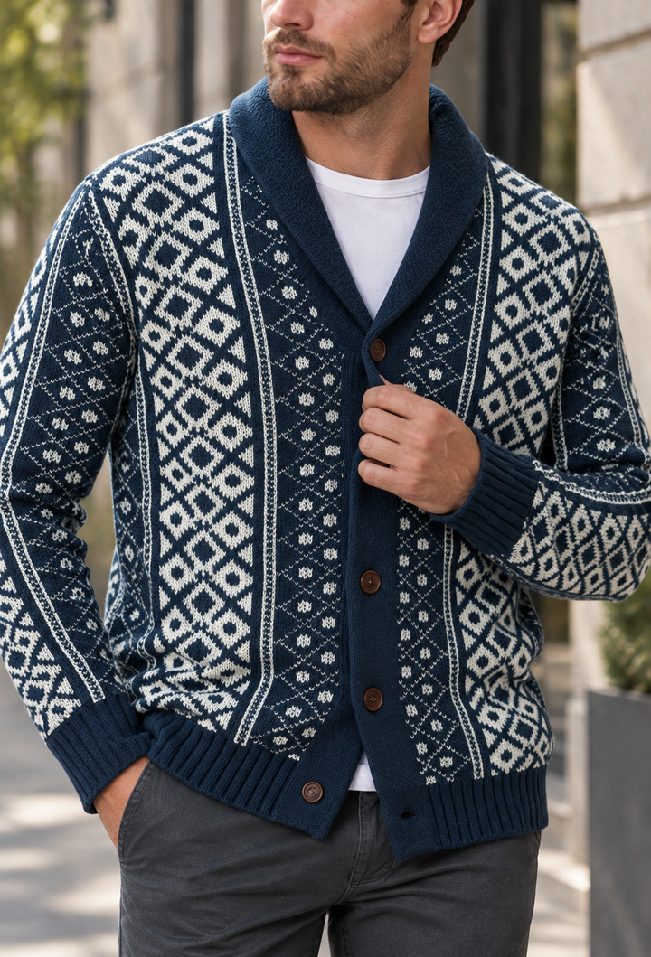 Jacquard-Strickcardigan mit geometrischem Muster, Schalkragen und vorderer Knopfleiste - Dariel