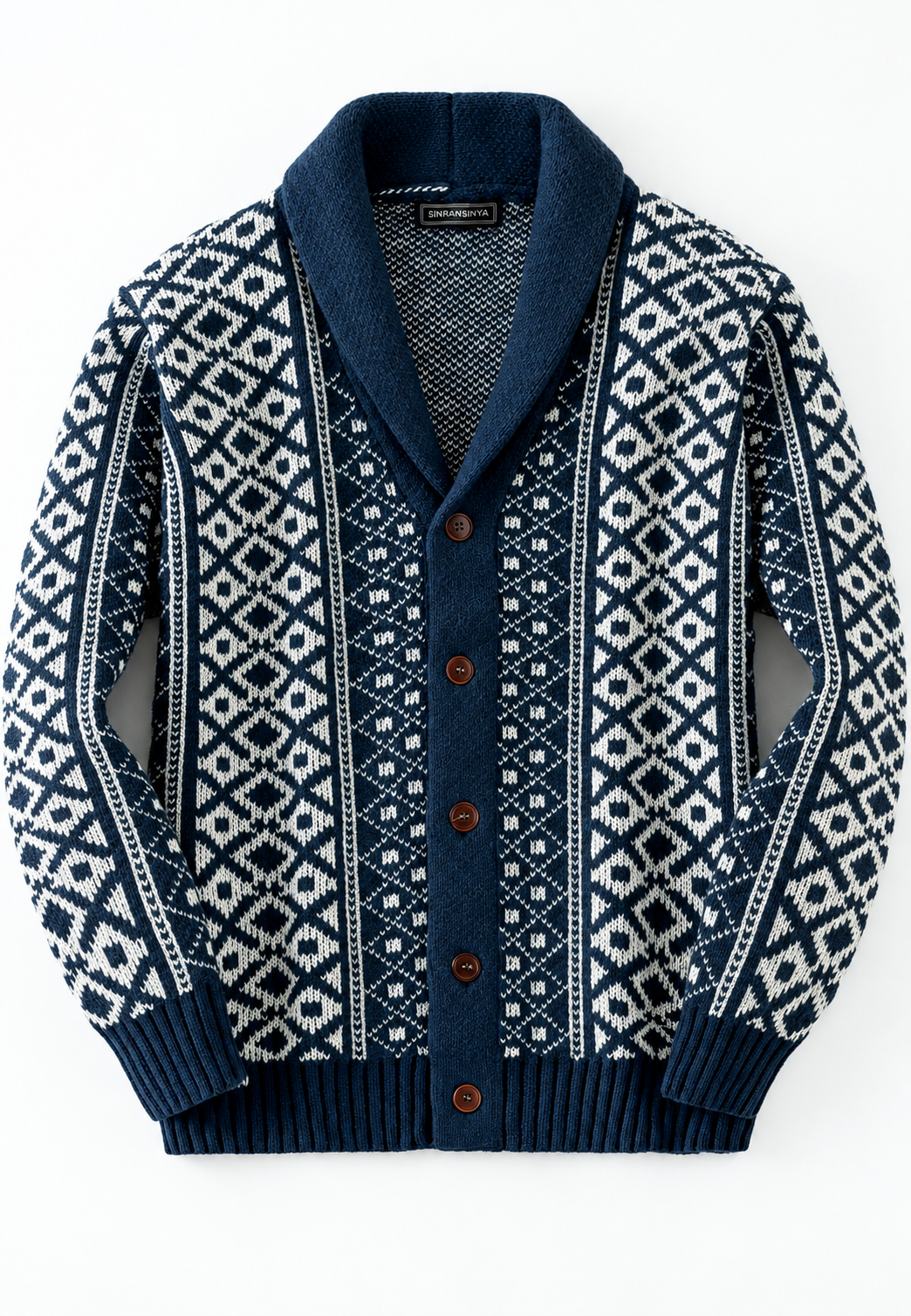 Jacquard-Strickcardigan mit geometrischem Muster, Schalkragen und vorderer Knopfleiste - Dariel
