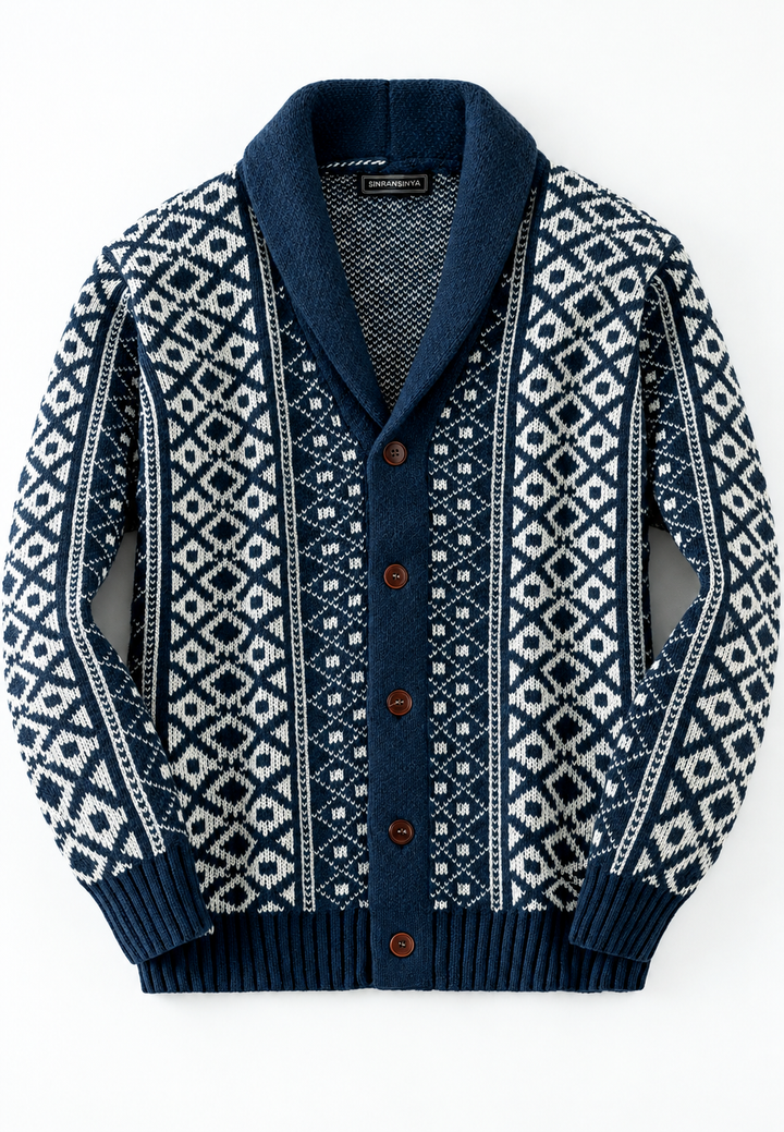 Jacquard-Strickcardigan mit geometrischem Muster, Schalkragen und vorderer Knopfleiste - Dariel