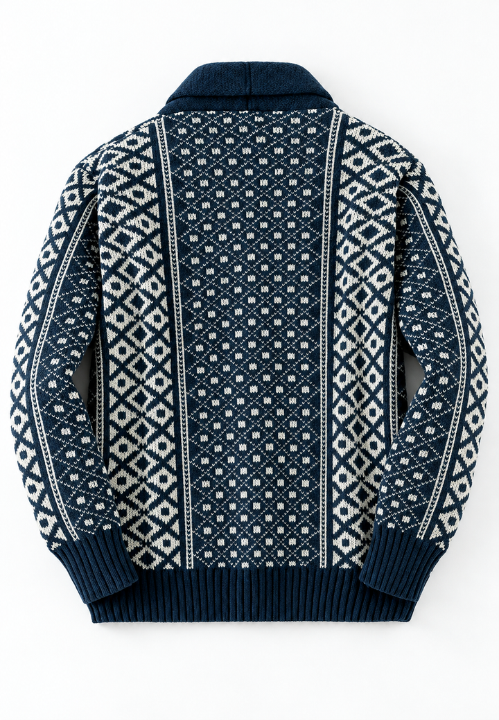 Jacquard-Strickcardigan mit geometrischem Muster, Schalkragen und vorderer Knopfleiste - Dariel