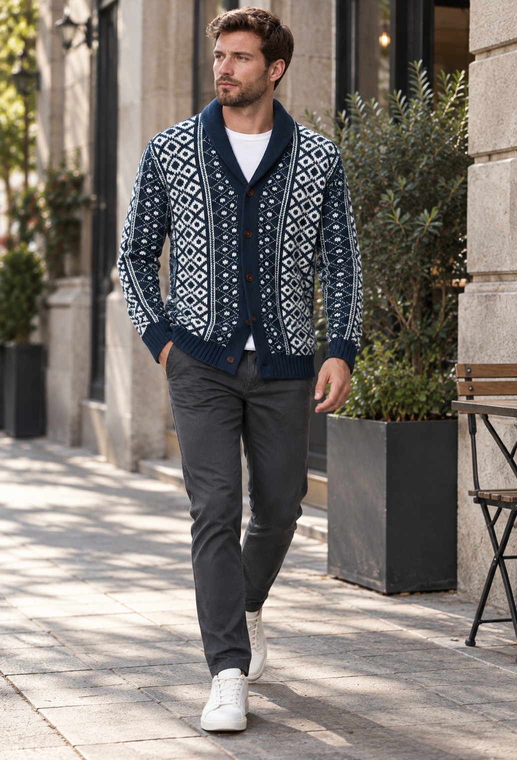 Jacquard-Strickcardigan mit geometrischem Muster, Schalkragen und vorderer Knopfleiste - Dariel