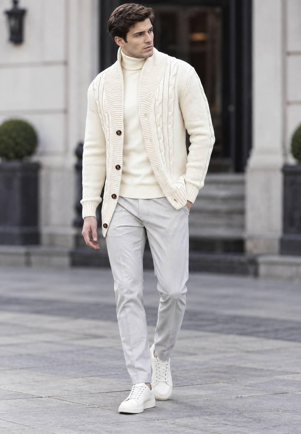 Herren-Strickjacke mit Zopfmuster, Schalkragen und Knöpfen – Gauthier