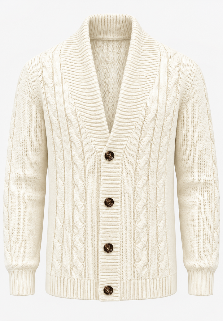 Herren-Strickjacke mit Zopfmuster, Schalkragen und Knöpfen – Gauthier