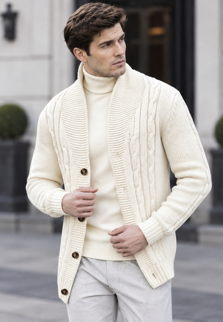 Herren-Strickjacke mit Zopfmuster, Schalkragen und Knöpfen – Gauthier
