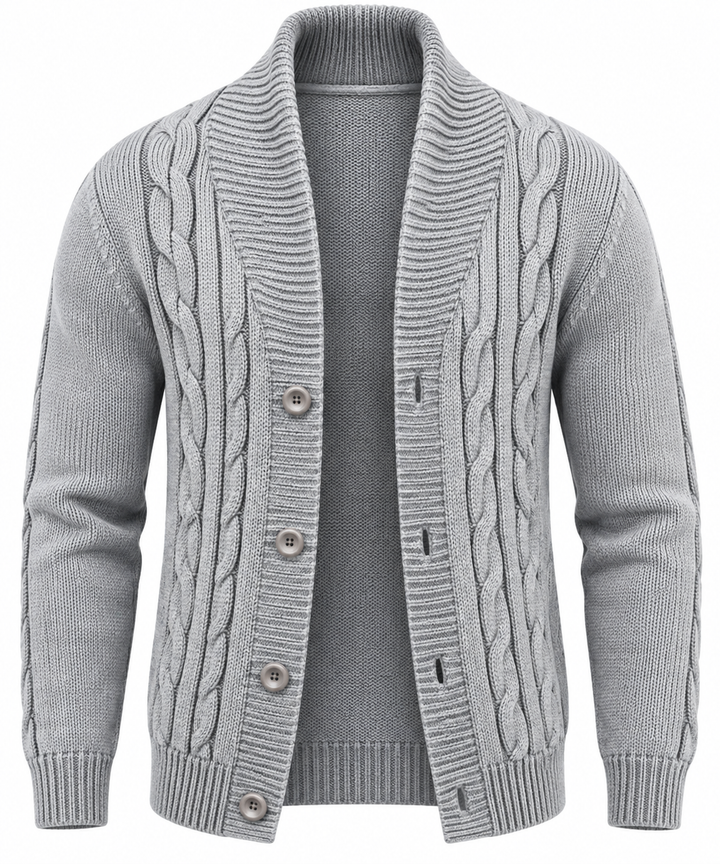 Herren-Strickjacke mit Zopfmuster, Schalkragen und Knöpfen – Gauthier